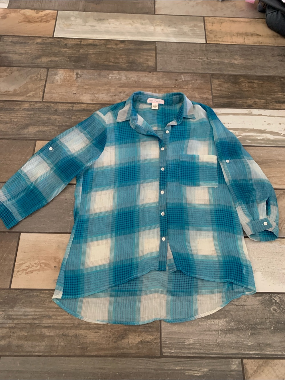 Band of Gypsies Teal and White Plaid Button-Down Shirt